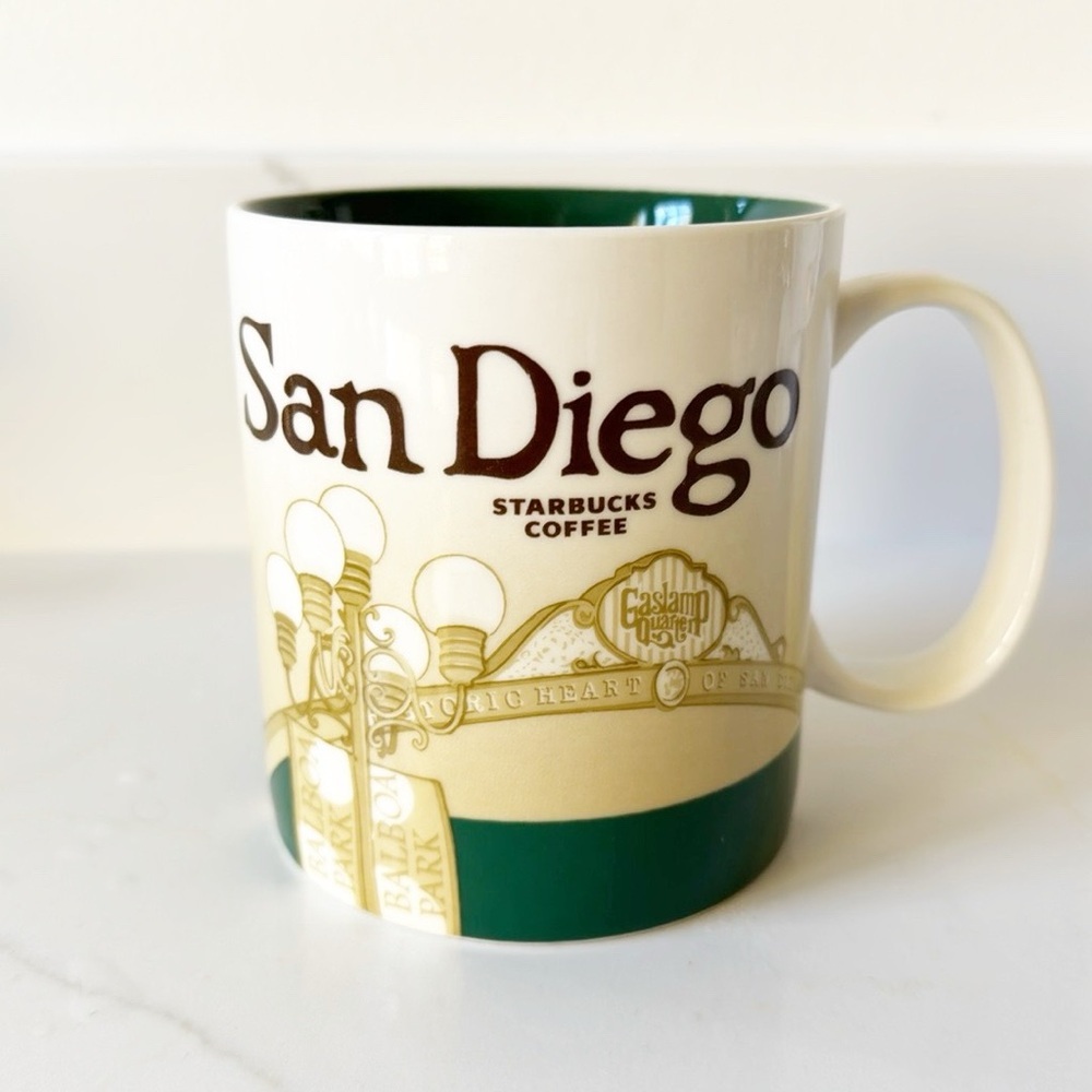 STARBUCKS mug San Diego Collector series 16 oz green brown ivory coffee